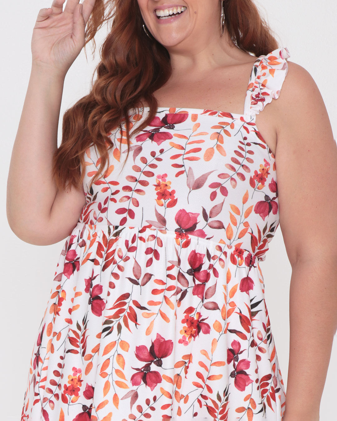 Vestido Feminino Plus Size Alças Finas Estampa Floral Branco