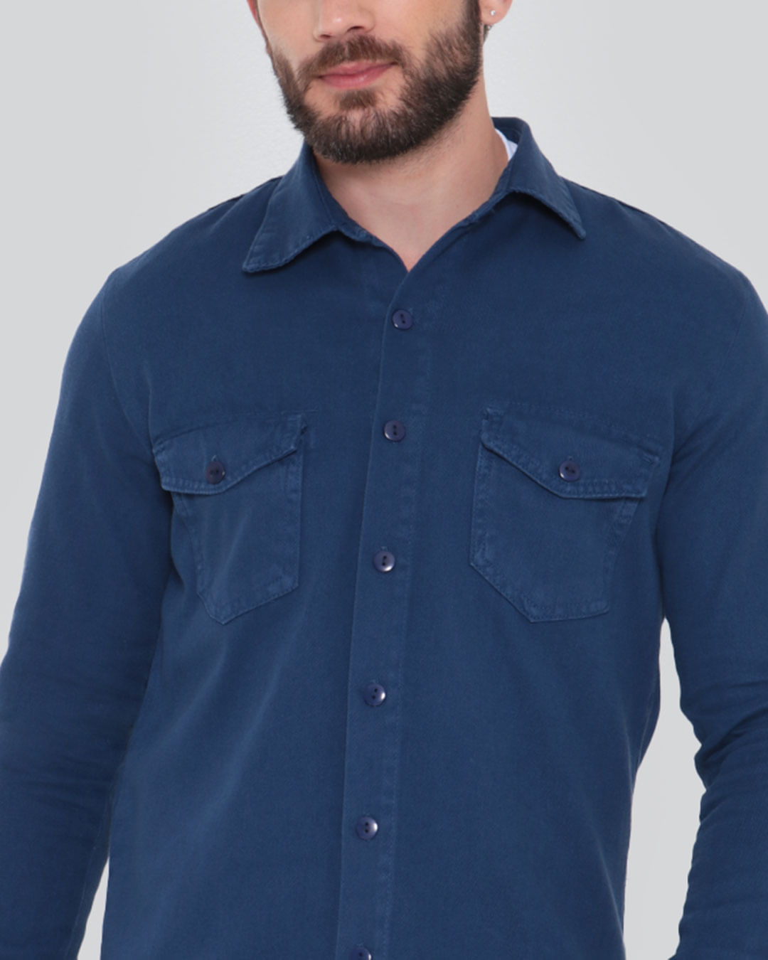 Camisa Jeans Masculina Manga Longa Azul Marinho