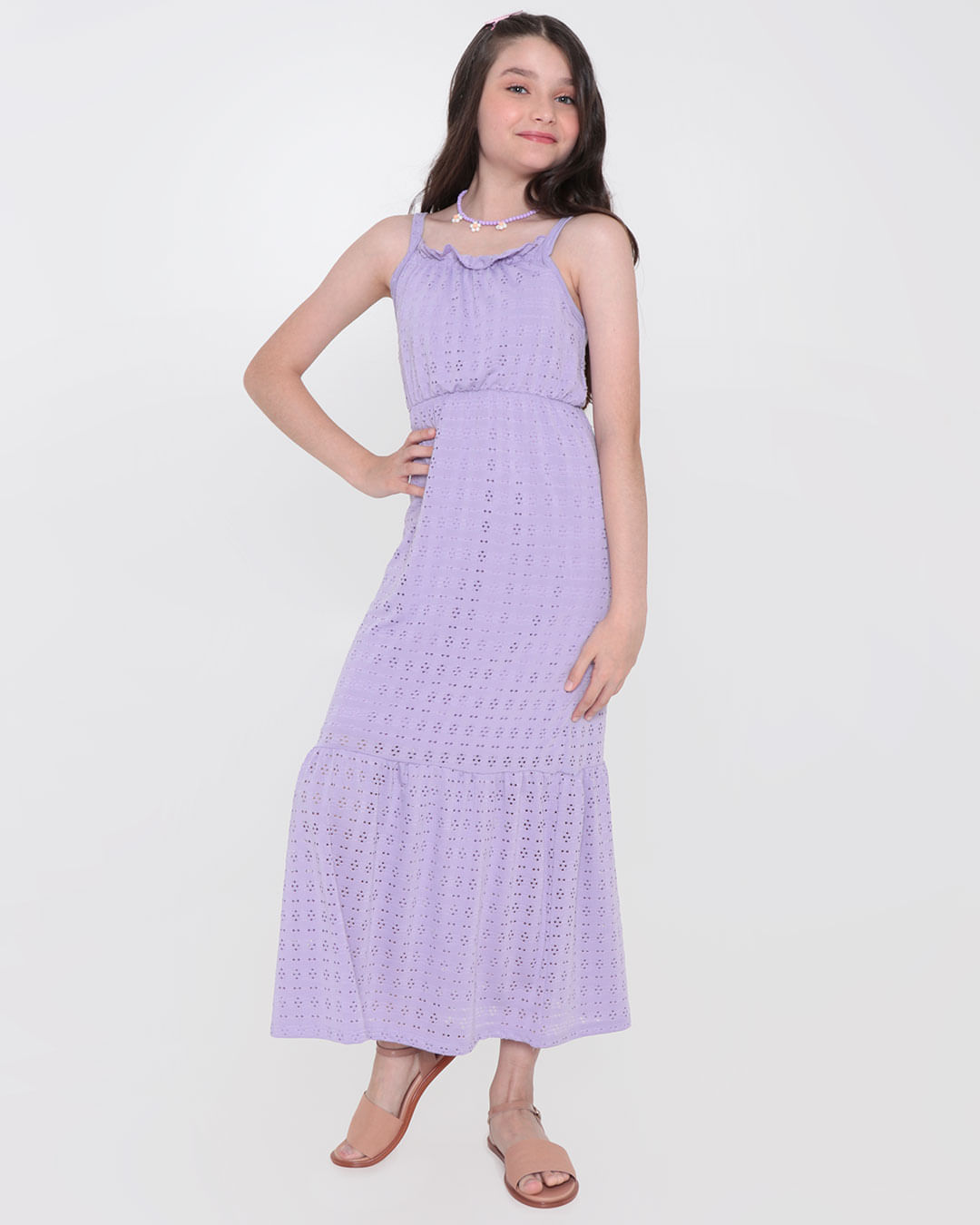 Vestido Juvenil Longo Alças Finas Laise Lilás