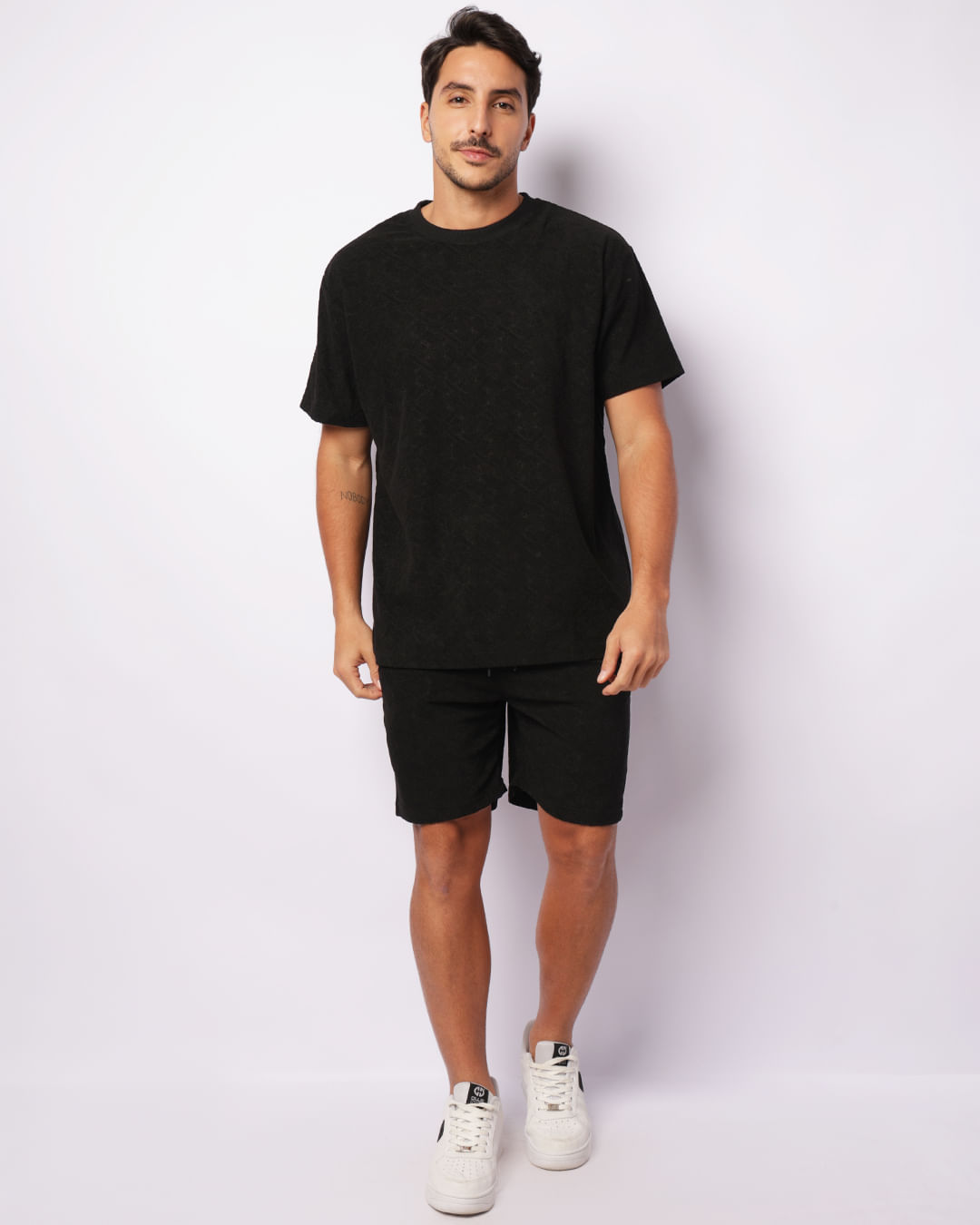 Bermuda Masculina Reta Maquinetada Cordão Bolso Preta