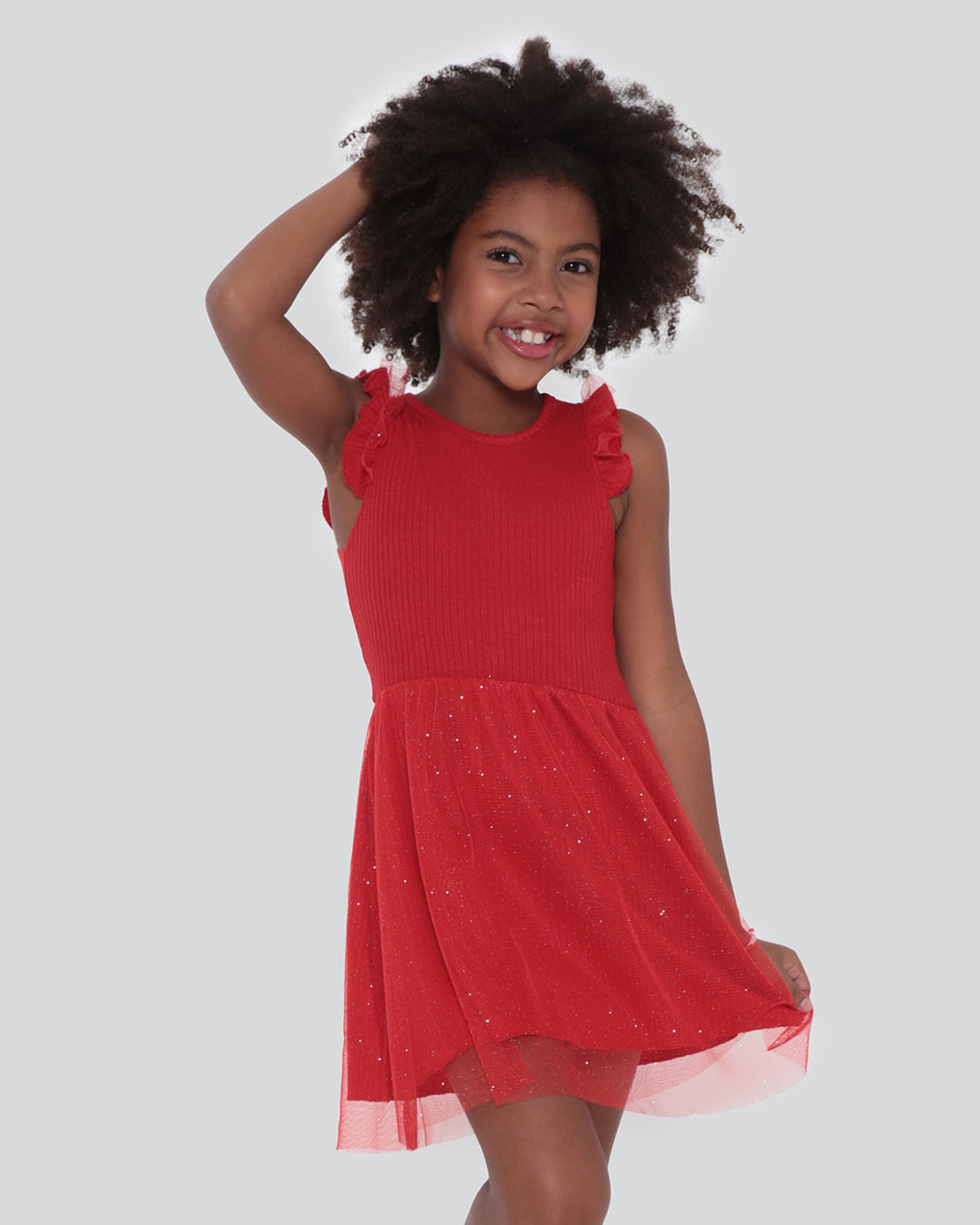 Vestido Infantil Malha Canelada Tule Gliter Vermelho