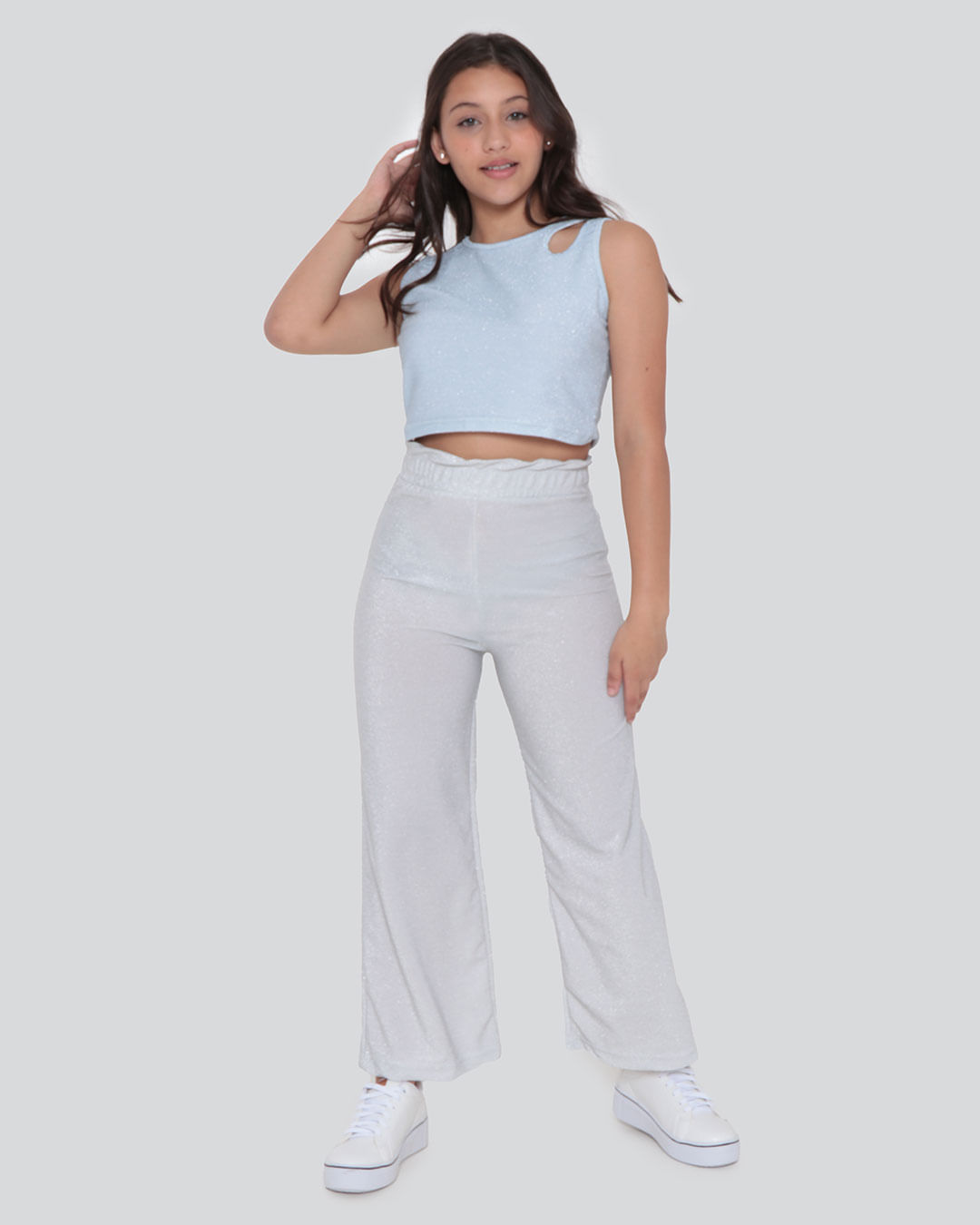 Calça Juvenil Pantalona Lurex Prateada
