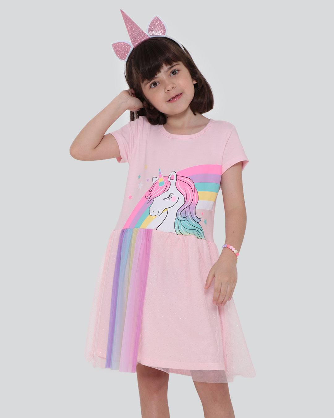 Vestido Infantil Com Brinde Unicórnio Rosa Claro