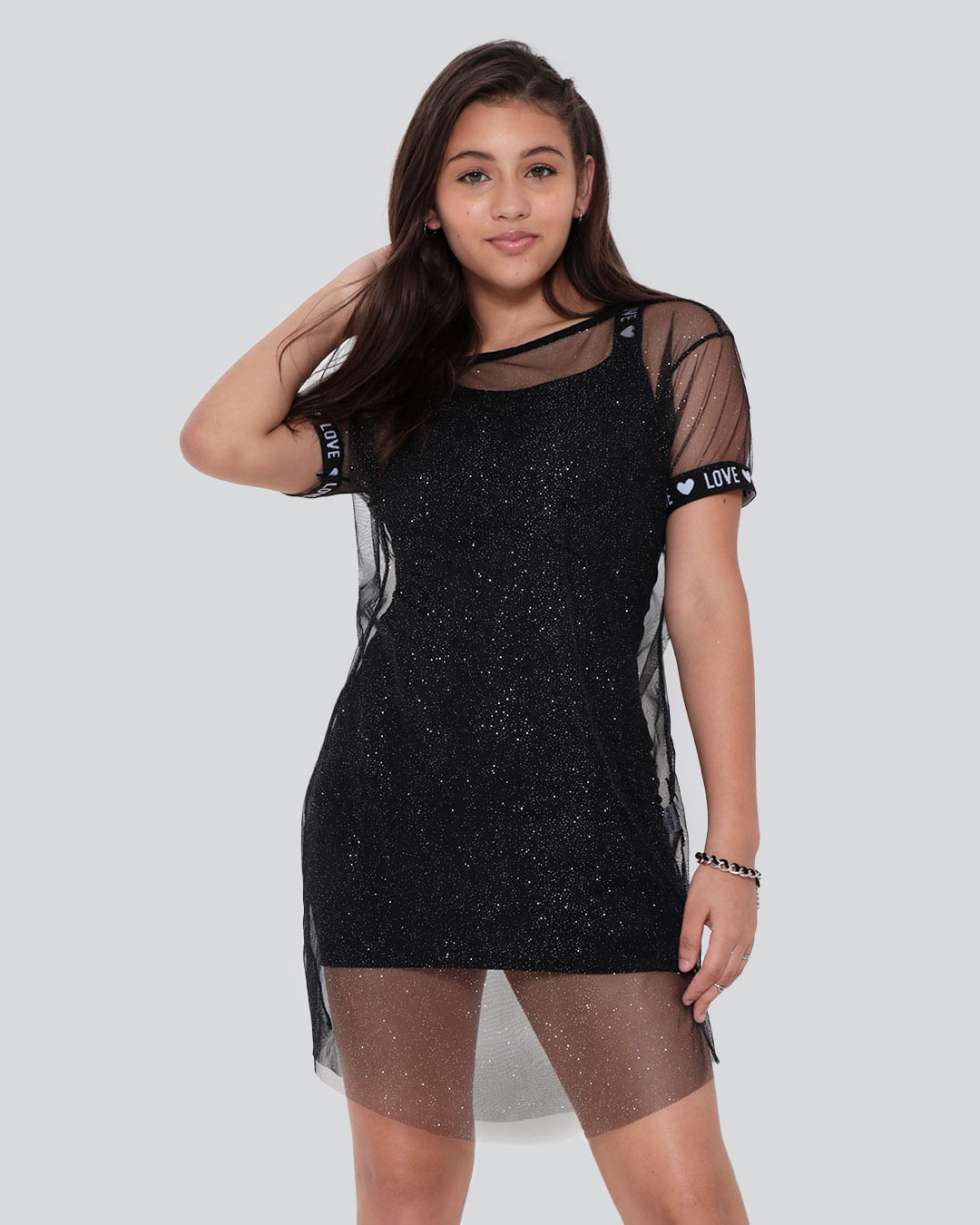 Vestido Juvenil Love Sobreposição Tule Glitter Preto