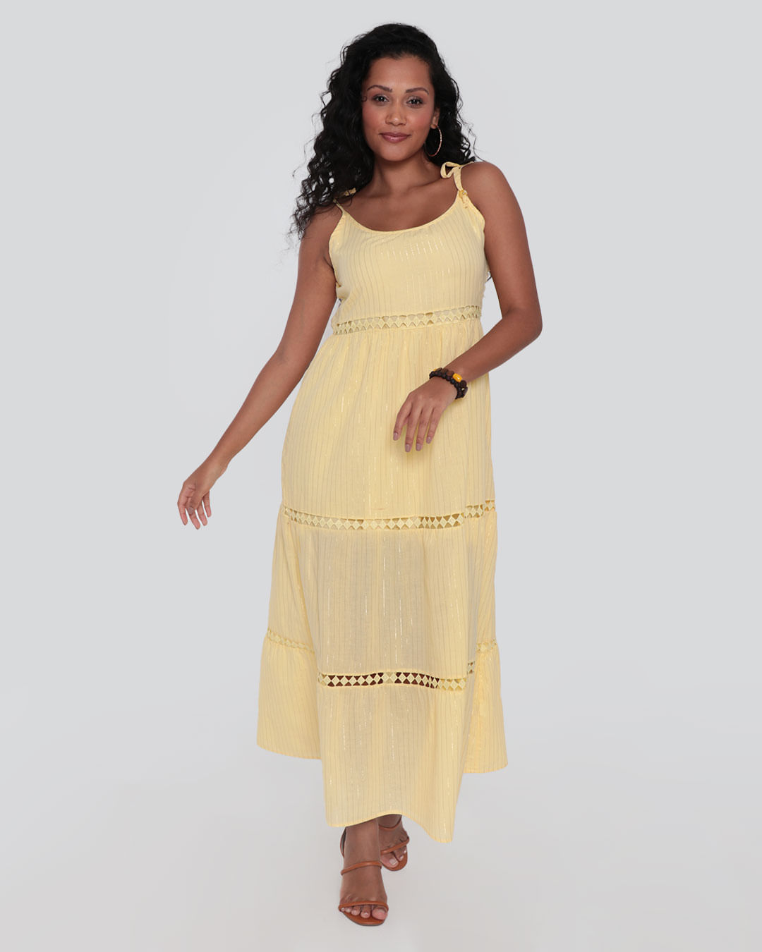 Vestido Feminino Longo Alcinha Guipir Lurex Amarelo