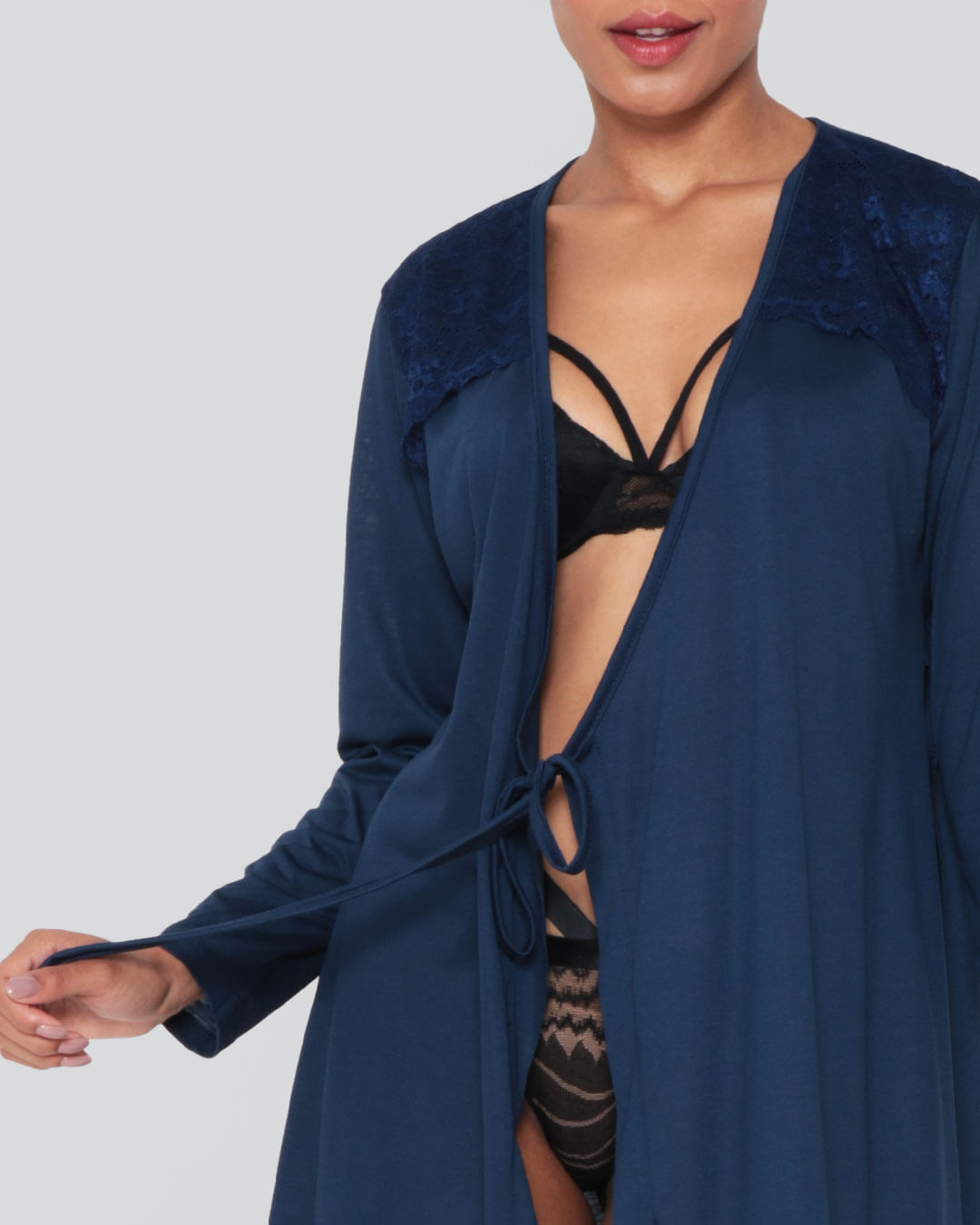 Robe Feminino Manga Longa Transpassado Com Renda Marinho