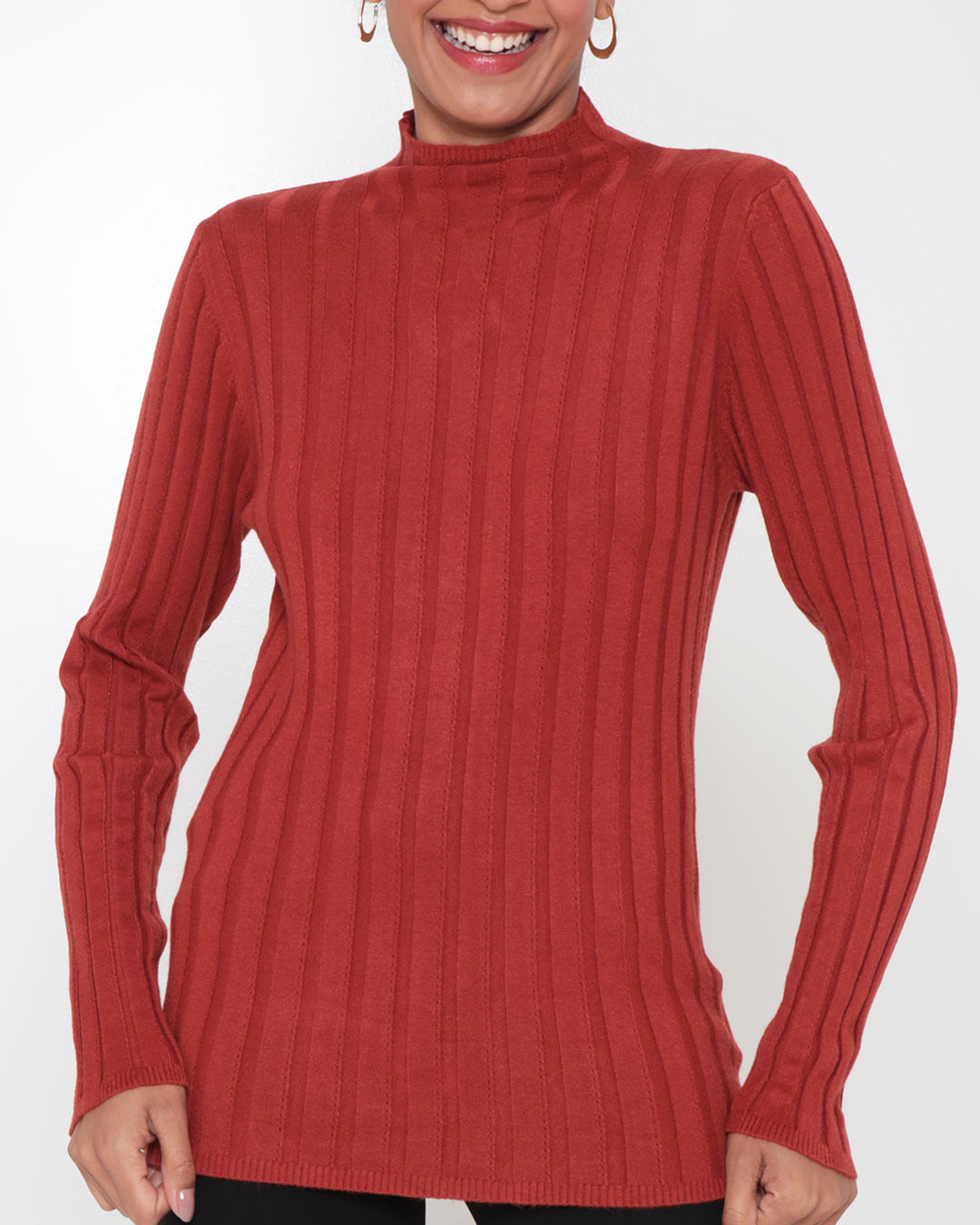 Blusa Feminina Tricô Canelada Gola Alta Terracota Escura Lojas Torra