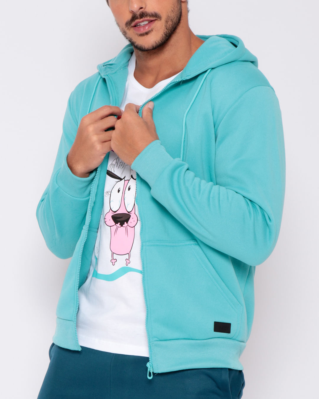 Casaco Moletom Masculino Com Zíper Capuz Azul Claro