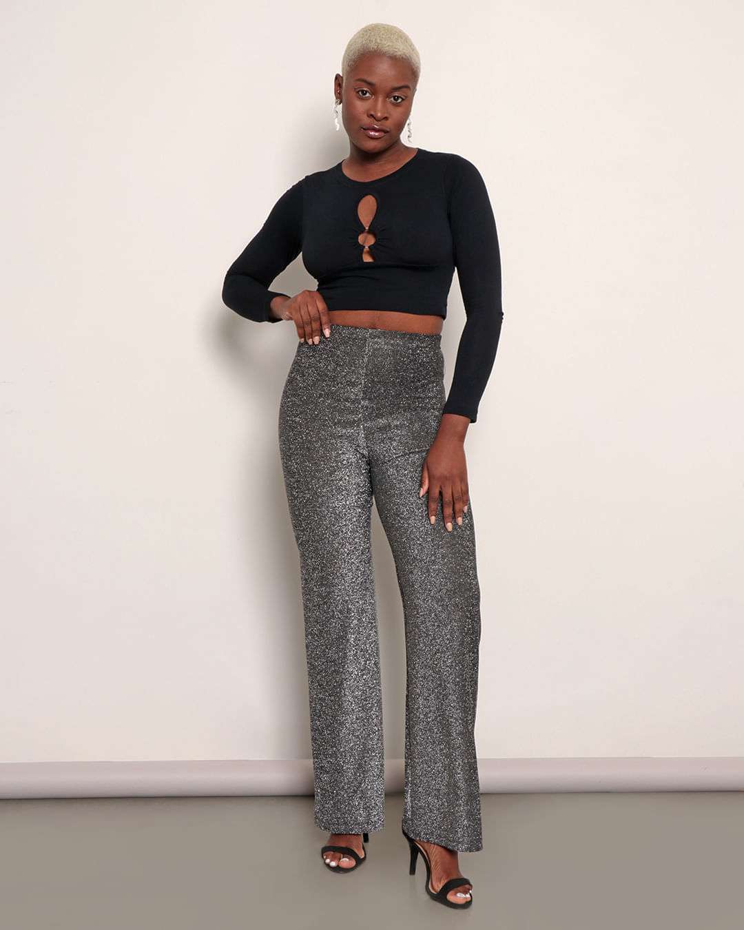 Calça Feminina Pantalona Brilho Preta