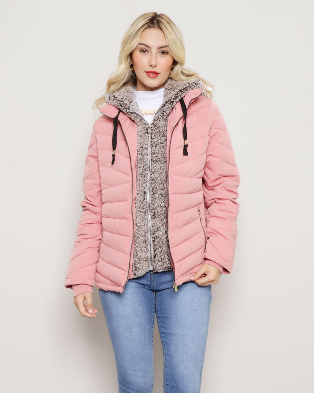 Jaqueta Feminina Puffer Removível Capuz Sherpa Rosa