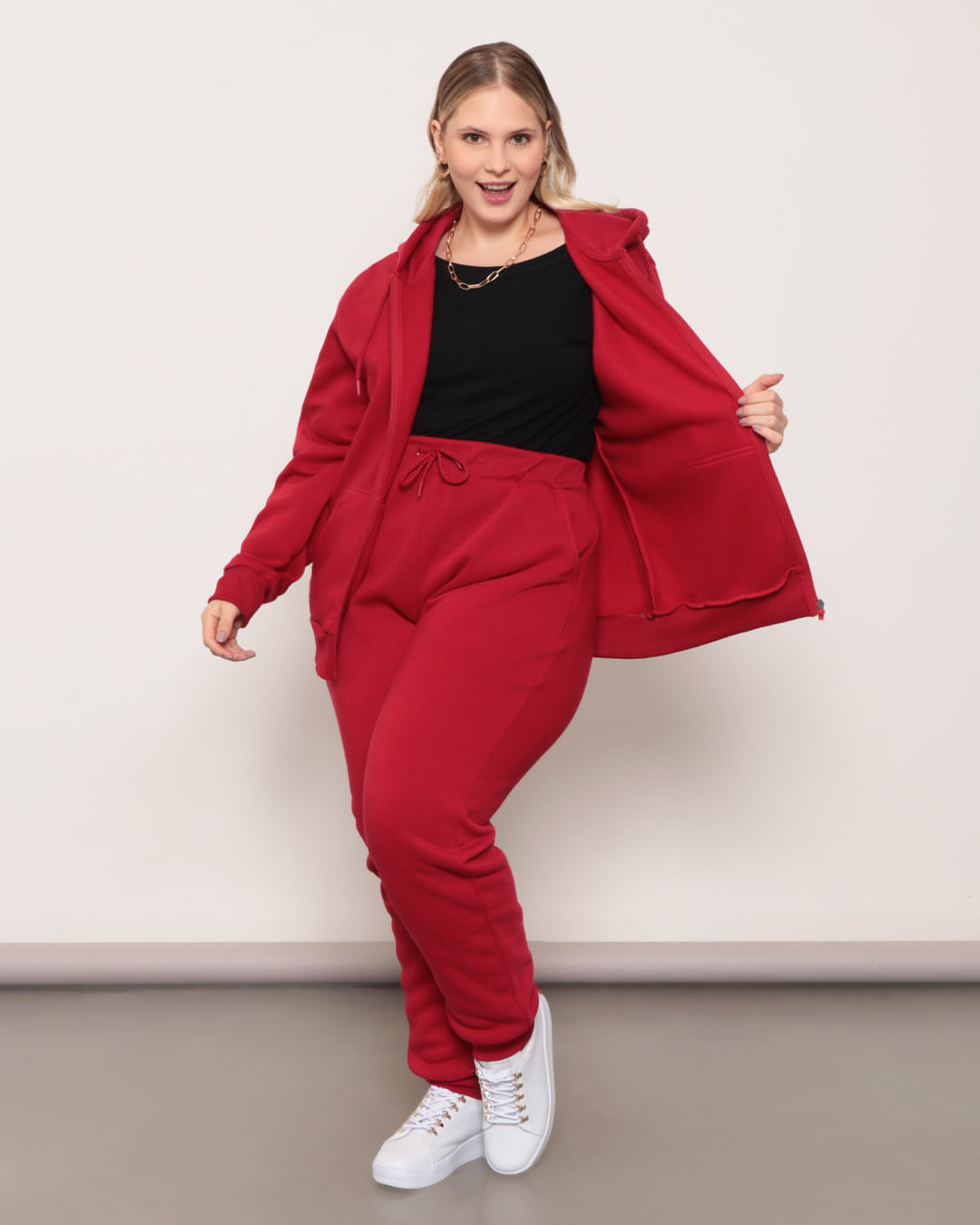 Casaco Moletom Plus Size Feminino Com Capuz Vermelho