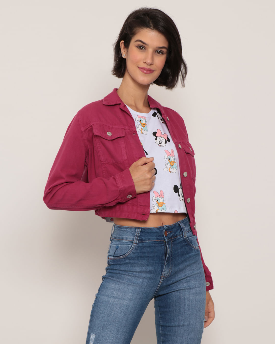 Jaqueta Sarja Feminina Cropped Rosa Escuro