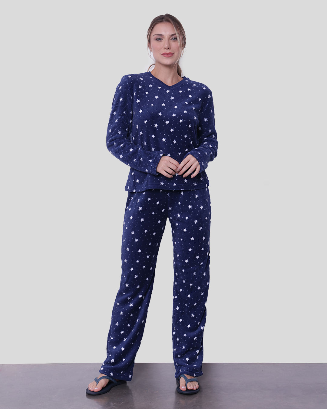 Pijama Feminino Manga Longa Estrelas Soft Marinho