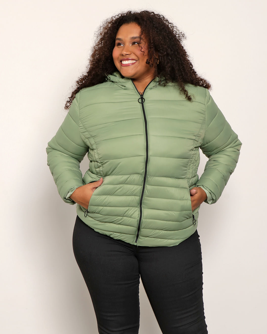 Jaqueta Feminina Plus Size Puffer Flanelada Verde