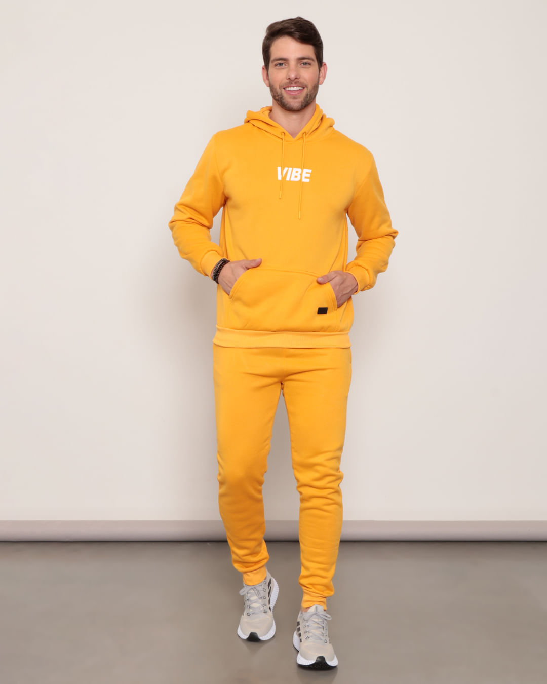 Blusão Masculino Moletom Estampa Vibe com capuz Mostarda