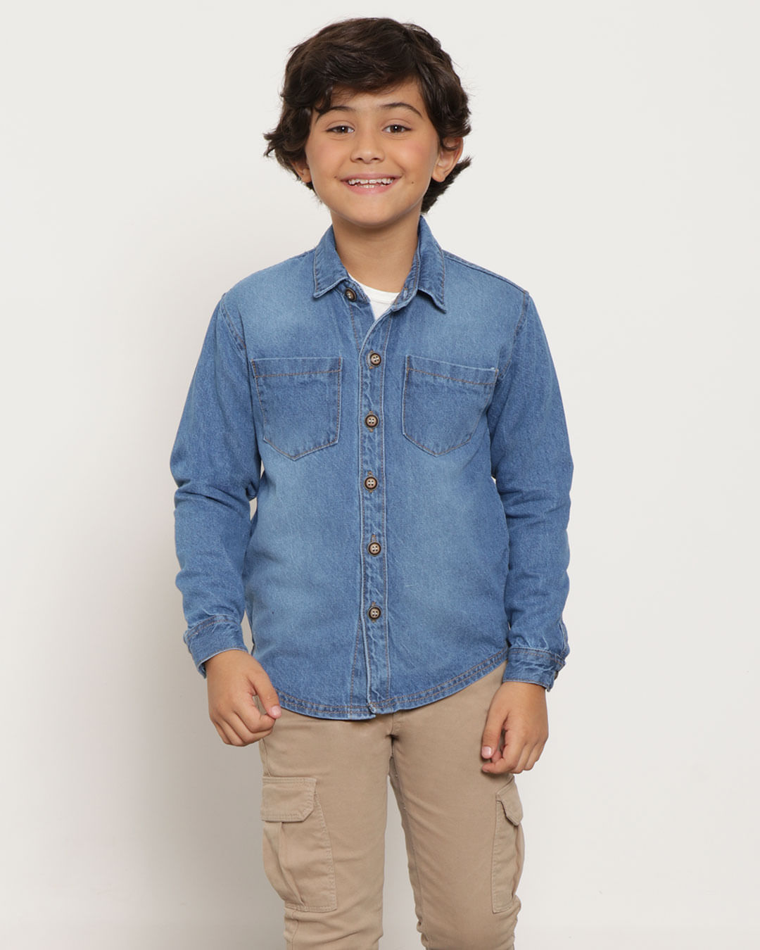 Camisa Jeans Infantil Manga Longa Com Bolso Azul
