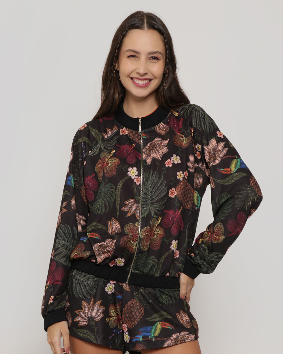 Feminina Estampada Jaqueta Bomber Feminina Floral Feminina Floral