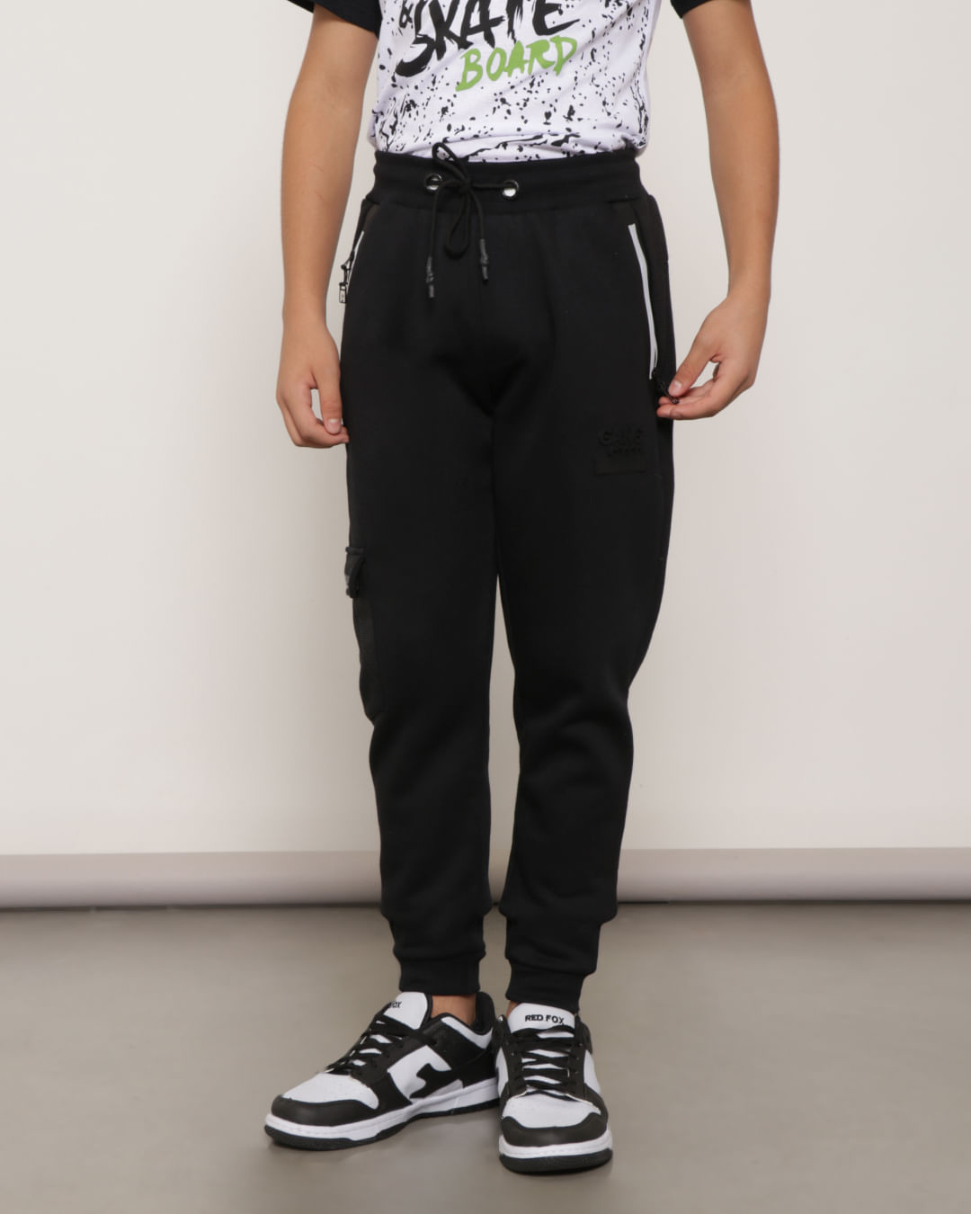 Calça Moletom Juvenil Bolso Cargo Gangster Preta