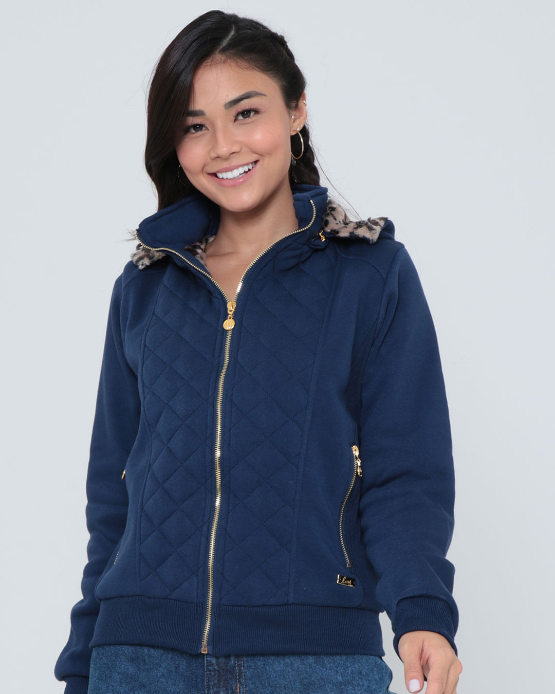 Casaco Moletom Feminino Com Capuz Removível Azul Marinho