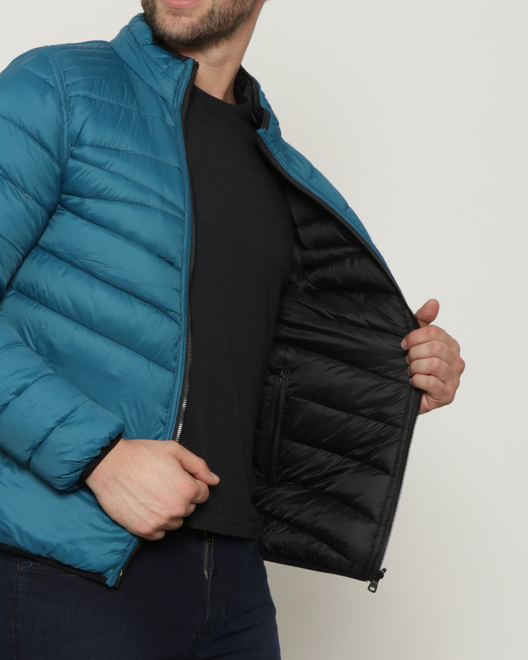 Jaqueta Masculina Puffer Gola Alta Dupla Face Azul E Preta