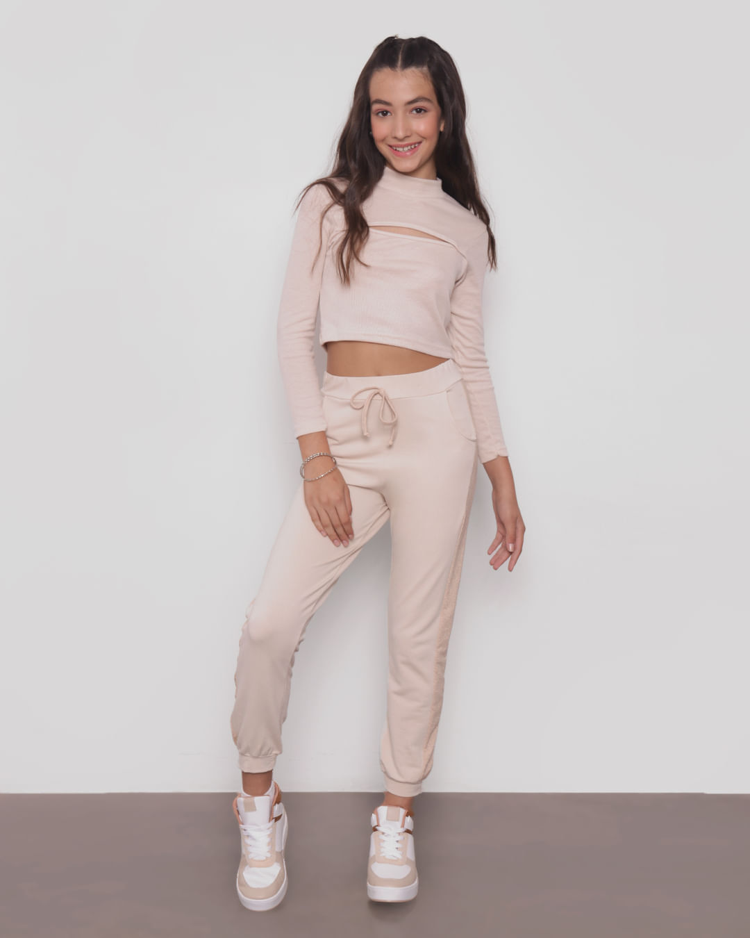 Calça Juvenil Malha Jogger Com Brilho Bege