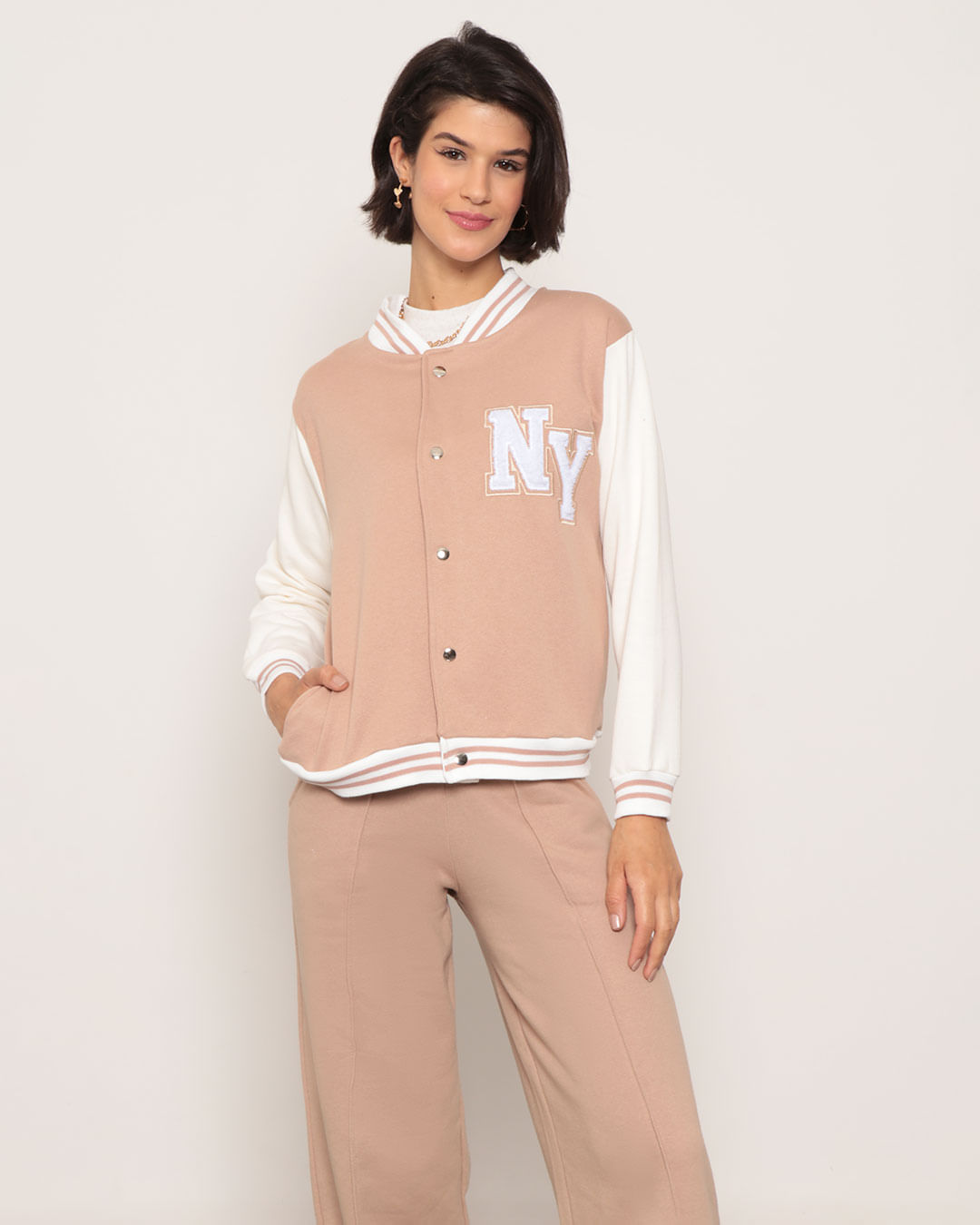 Jaqueta Moletom Feminina Bomber College Bege