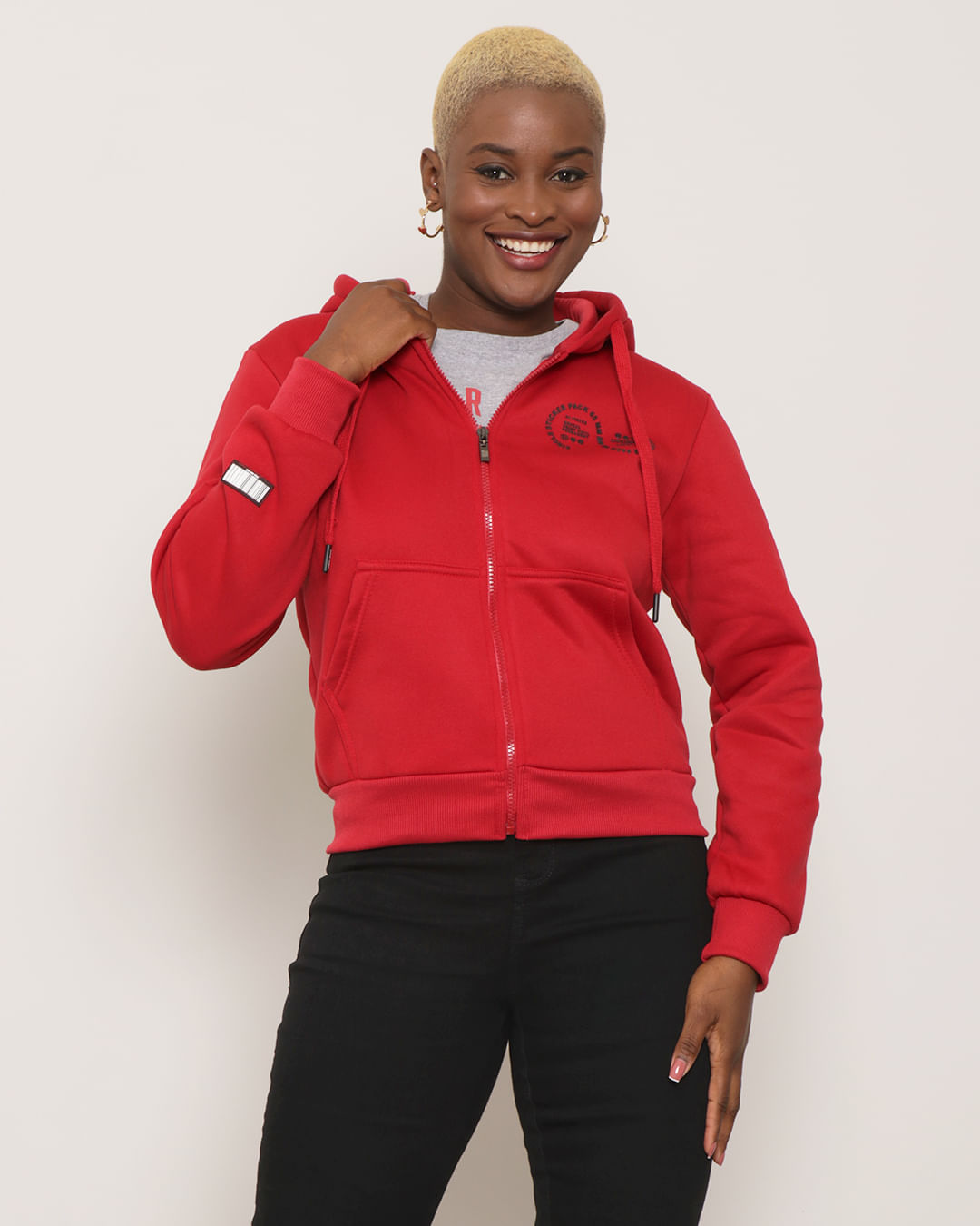 Casaco Moletom Feminino Com Capuz e Zíper Vermelho