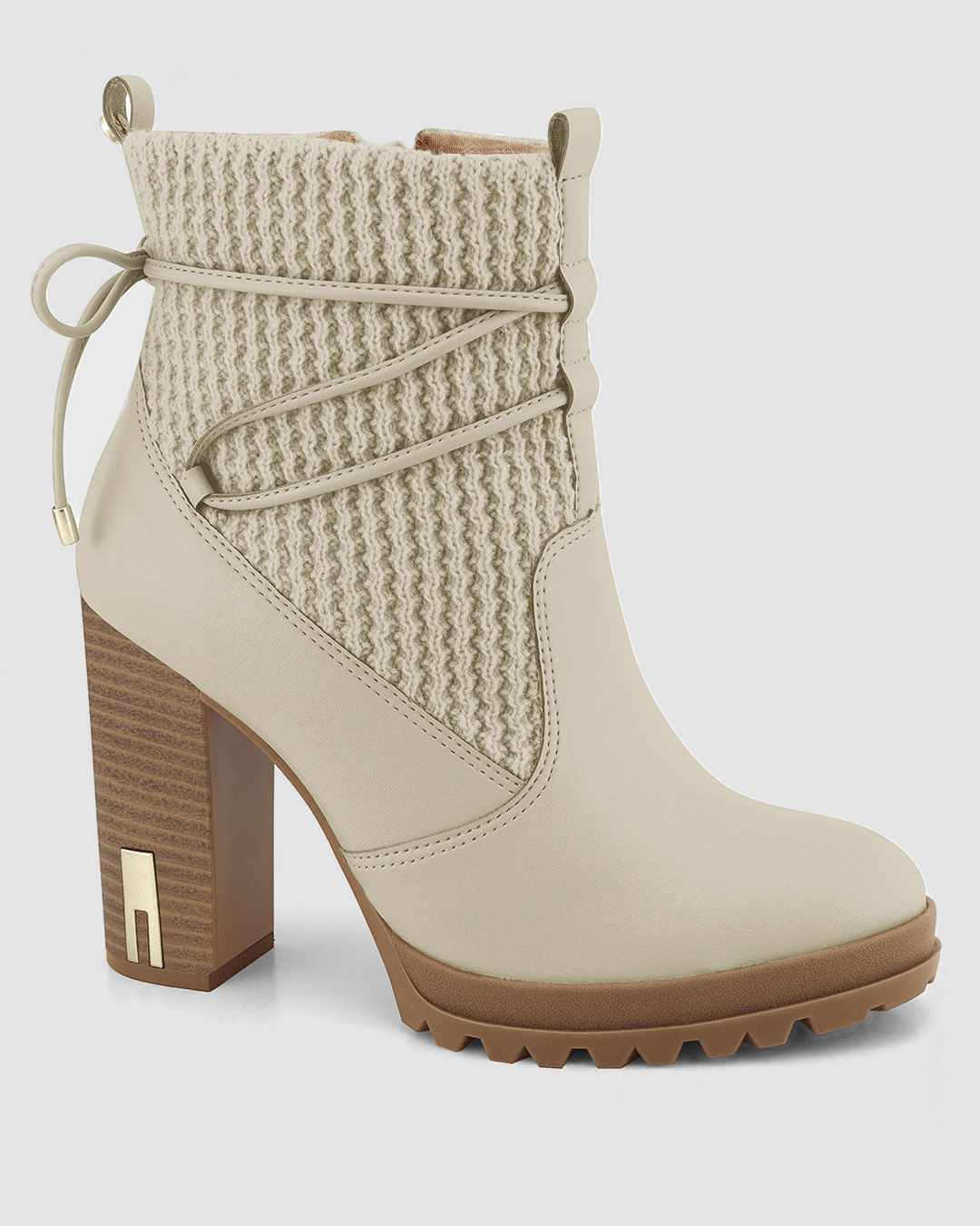 Bota Feminina Cano Curto Com Tricô Salto Alto Ramarim Bege