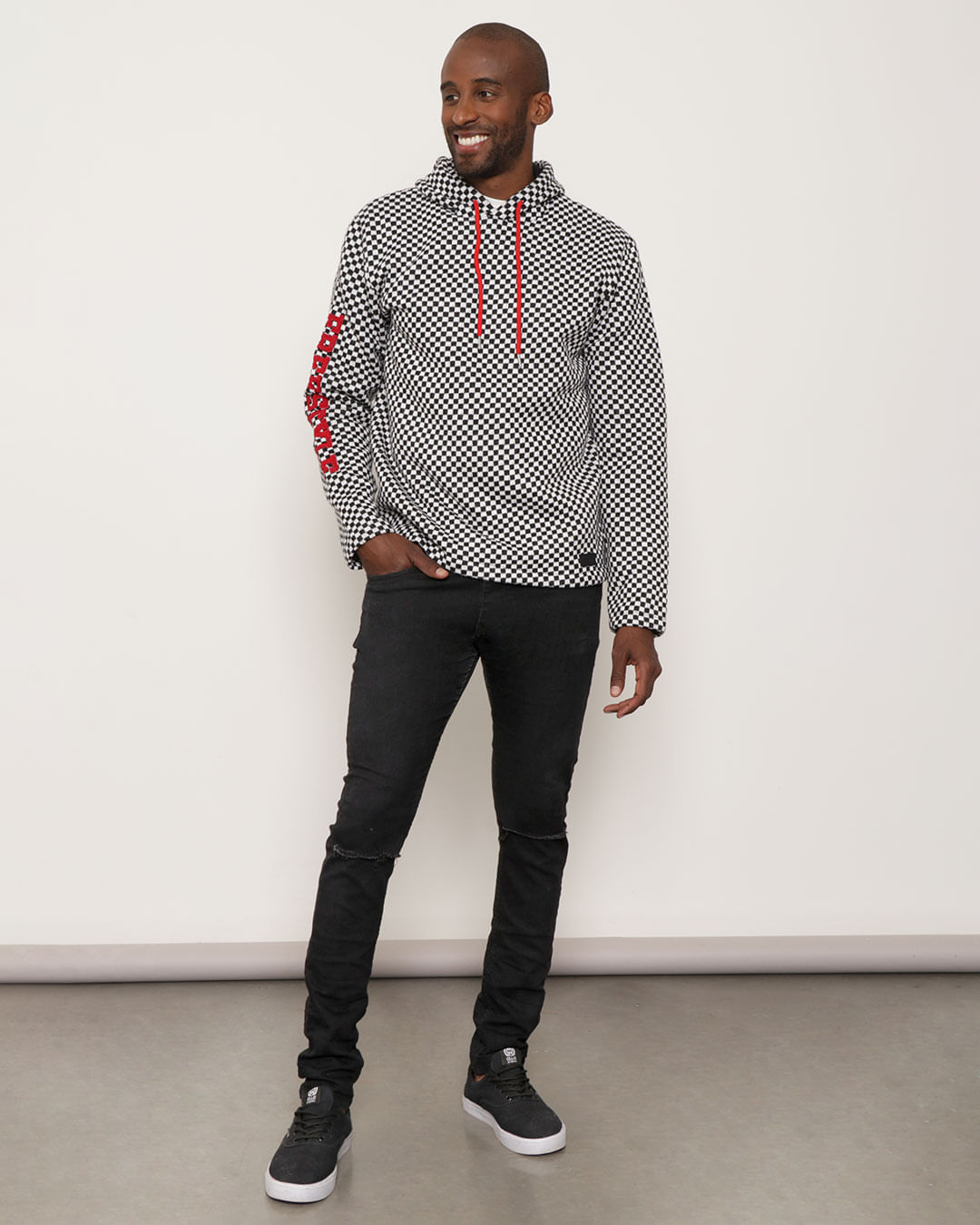 Blusão Masculino Tricô Estampado Quadriculado Preto