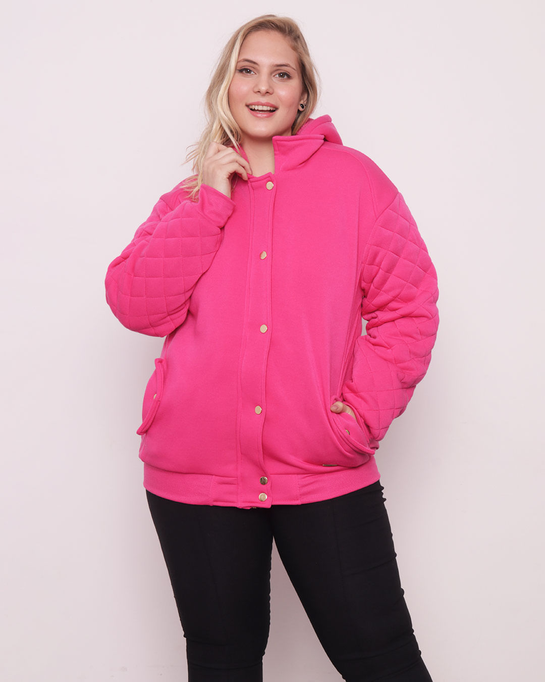 Casaco Moletom Feminino Plus Size Com Capuz Rosa