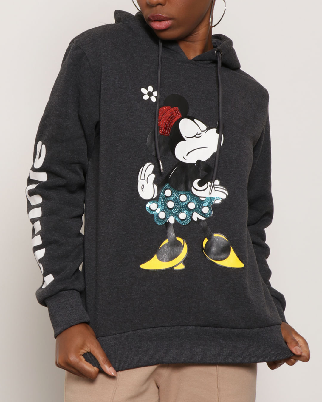 Blusão Moletom Feminino Com Capuz Minnie Disney Cinza Escuro