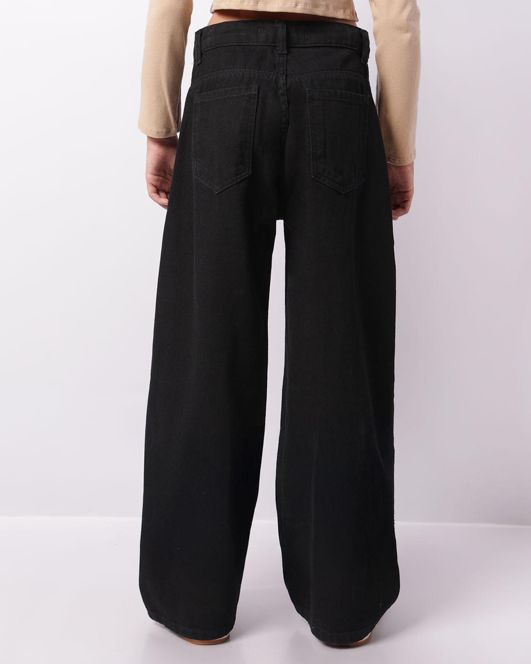 Calça Jeans Juvenil Wide Leg Com Bolsos Preta