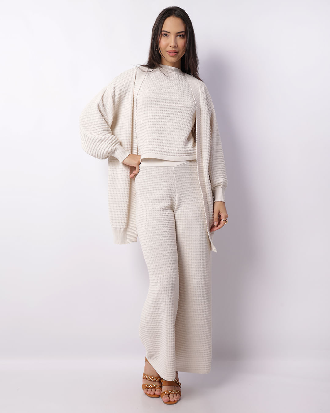 Calça Feminina Pantalona Tricô Maquinetada Bege