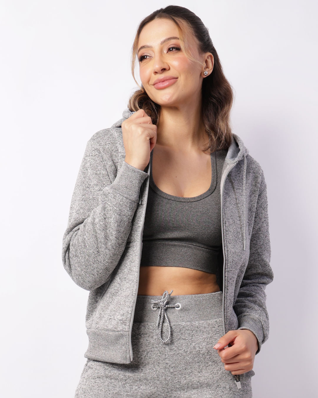 Jaqueta Moletom Fitness Feminina Com Capuz Cinza