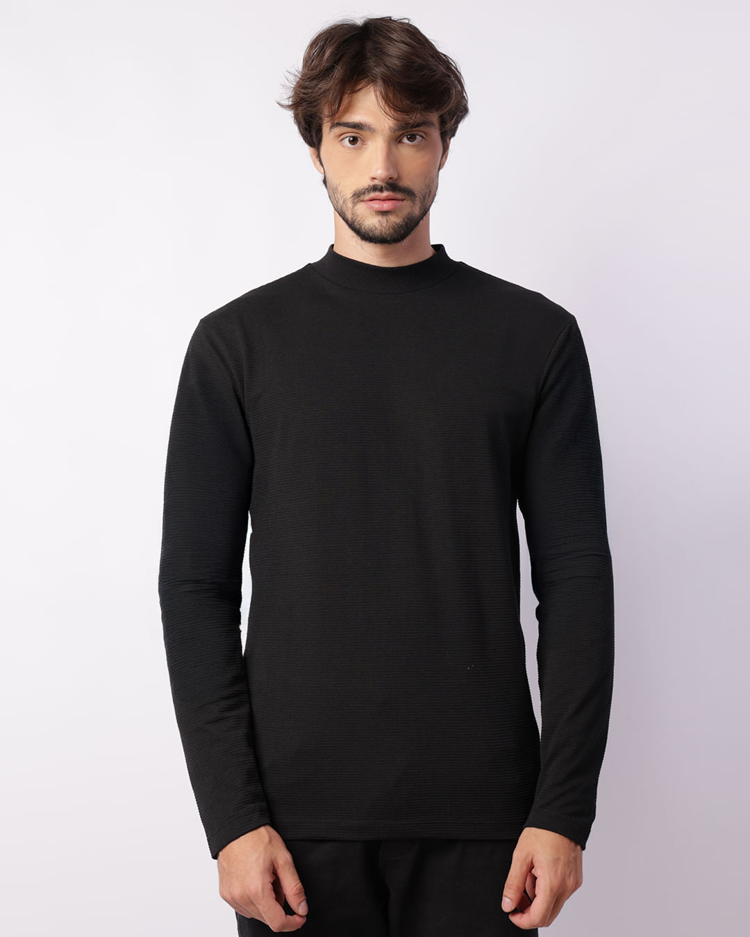 Camiseta Masculina Texturizada Manga Longa Gola Alta Preta