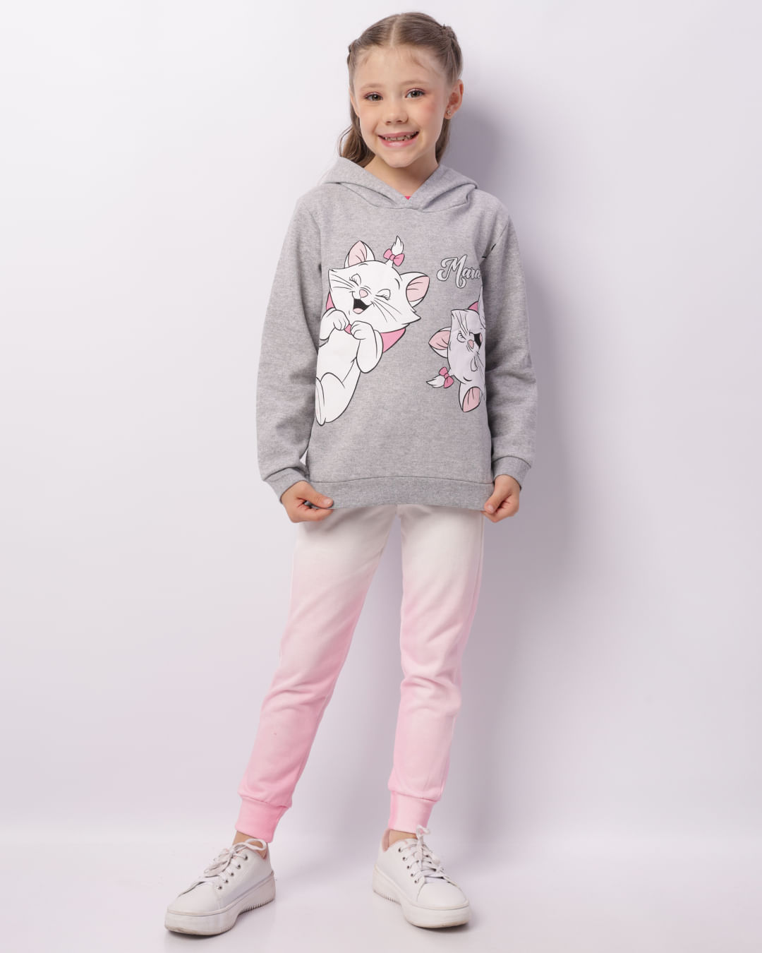Blusão Moletom Infantil Disney Marie Com Capuz Cinza-1743611419515