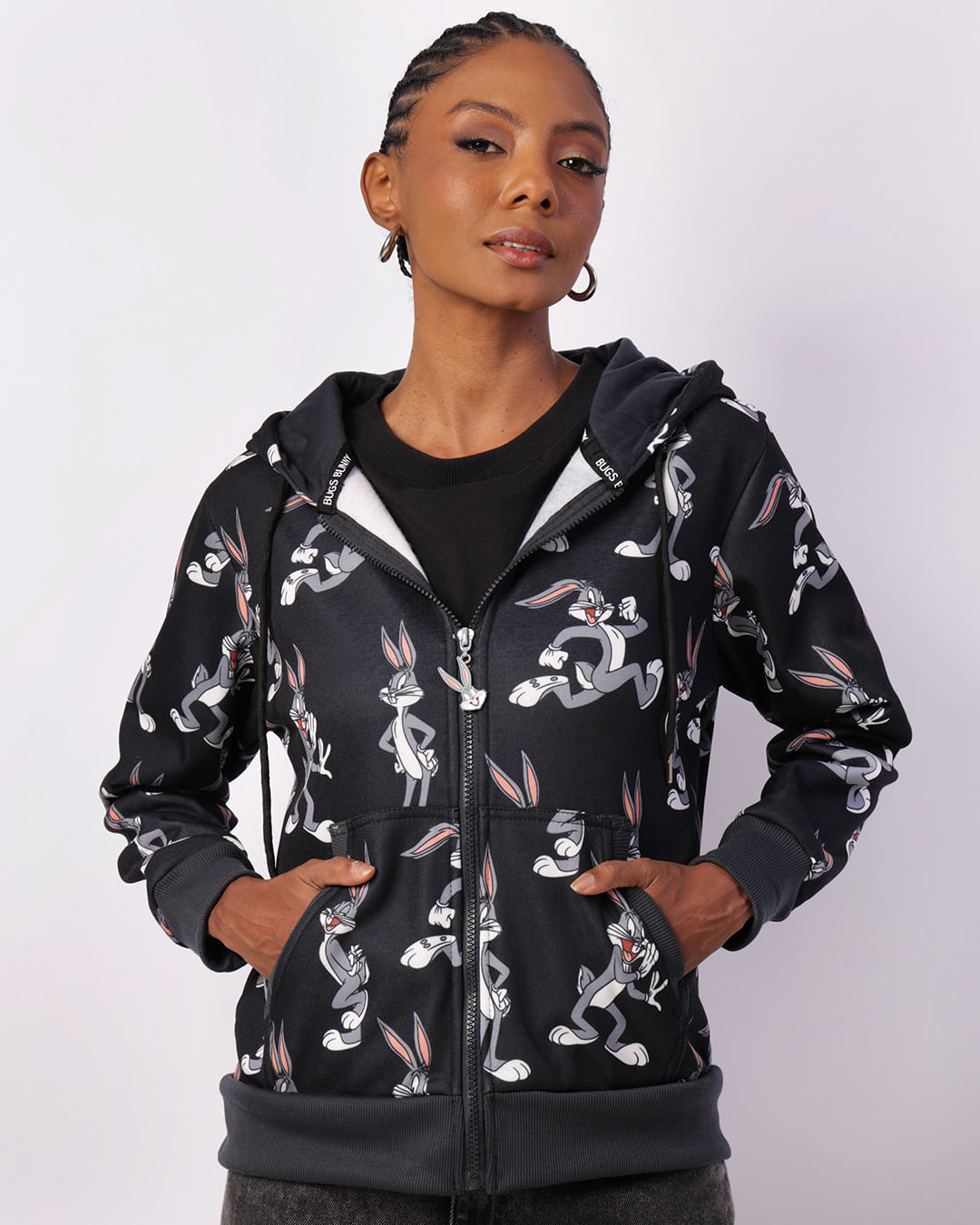 Jaqueta Moletom Feminina Looney Tunes Pernalonga Com Bolsos Capuz Preta-1743617485681