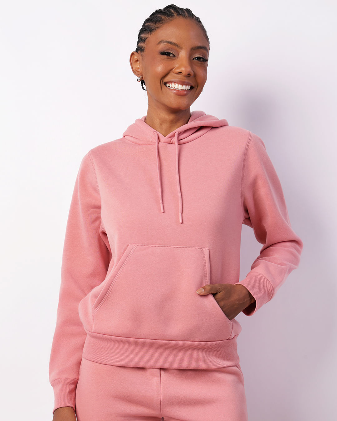 Blusão Moletom Feminino Com Capuz Bolso Canguru Rosa