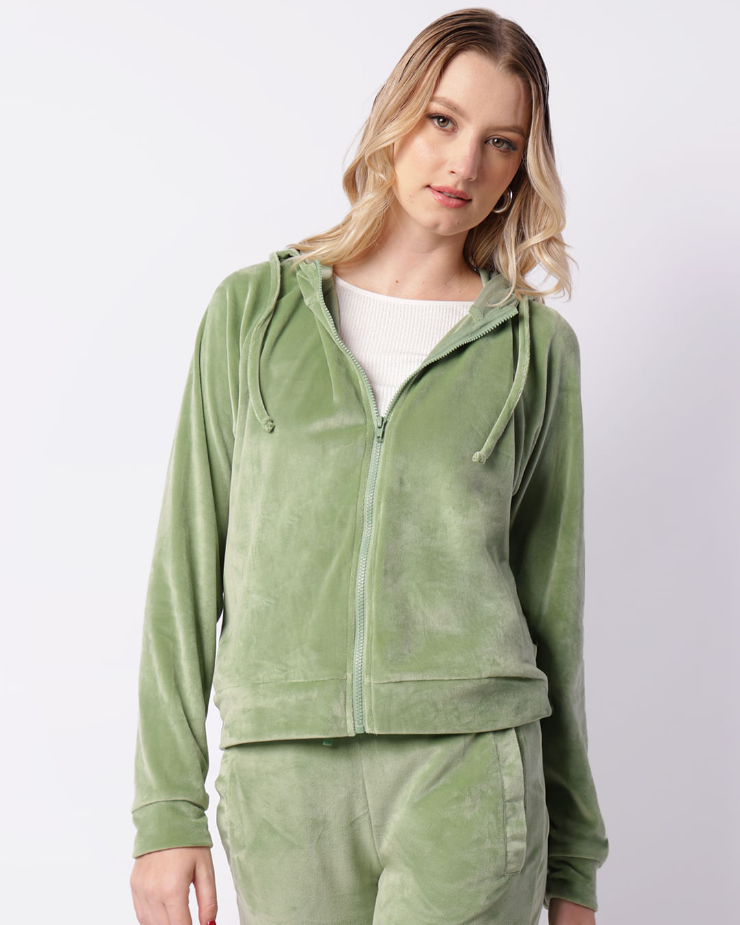 Jaqueta Feminina Plush Com Capuz Verde