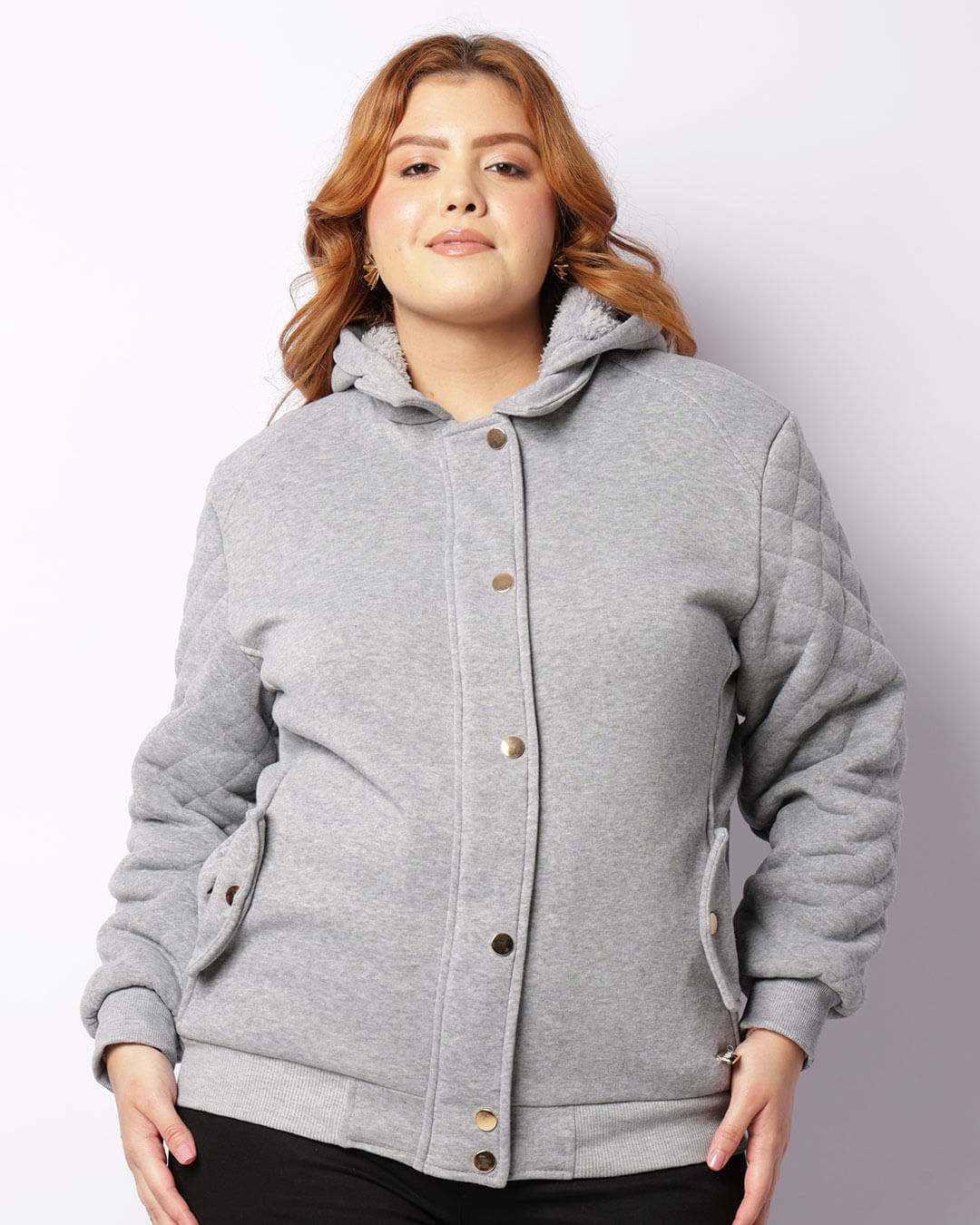 Casaco Moletom Plus Size Feminino Peluciado Com Capuz Cinza