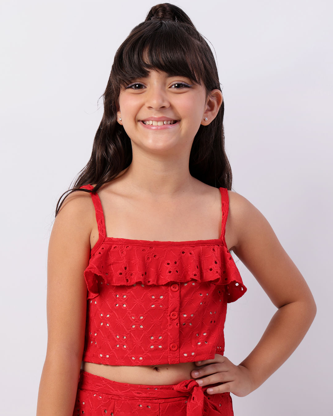 Blusa Infantil Cropped Laise Alça Fina Vermelha