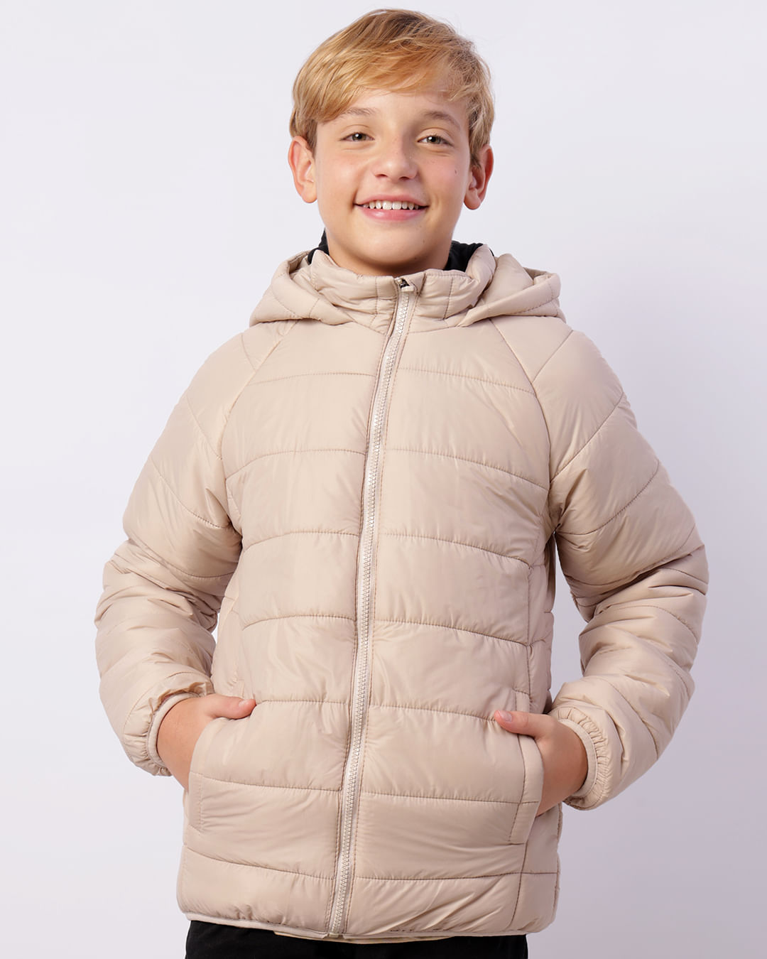 Jaqueta Juvenil Puffer Bolsos Com Capuz Bege
