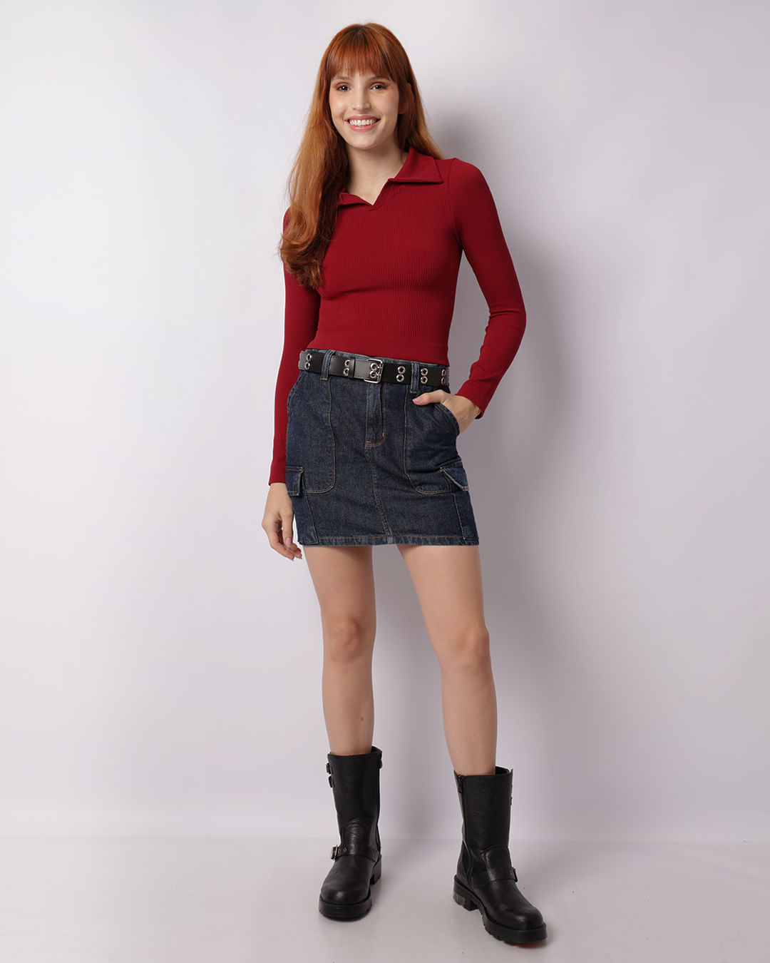 Saia Jeans Feminina Curta Bolsos Carpinteiro Cargo Azul-1746803704952