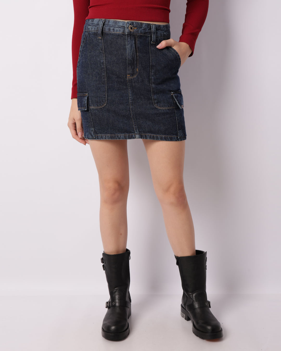 Saia Jeans Feminina Curta Bolsos Carpinteiro Cargo Azul-1746803709113