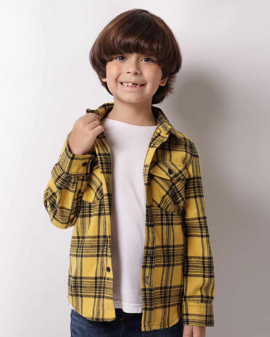 Camisa Infantil Xadrez Manga Longa Flanelada Amarela-1747324128492
