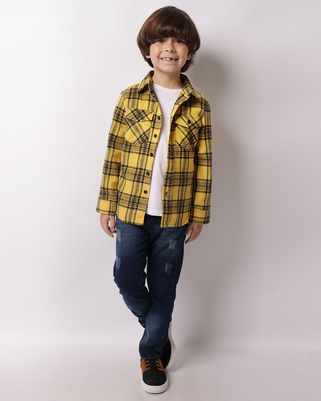 Camisa Infantil Xadrez Manga Longa Flanelada Amarela-1747324156979
