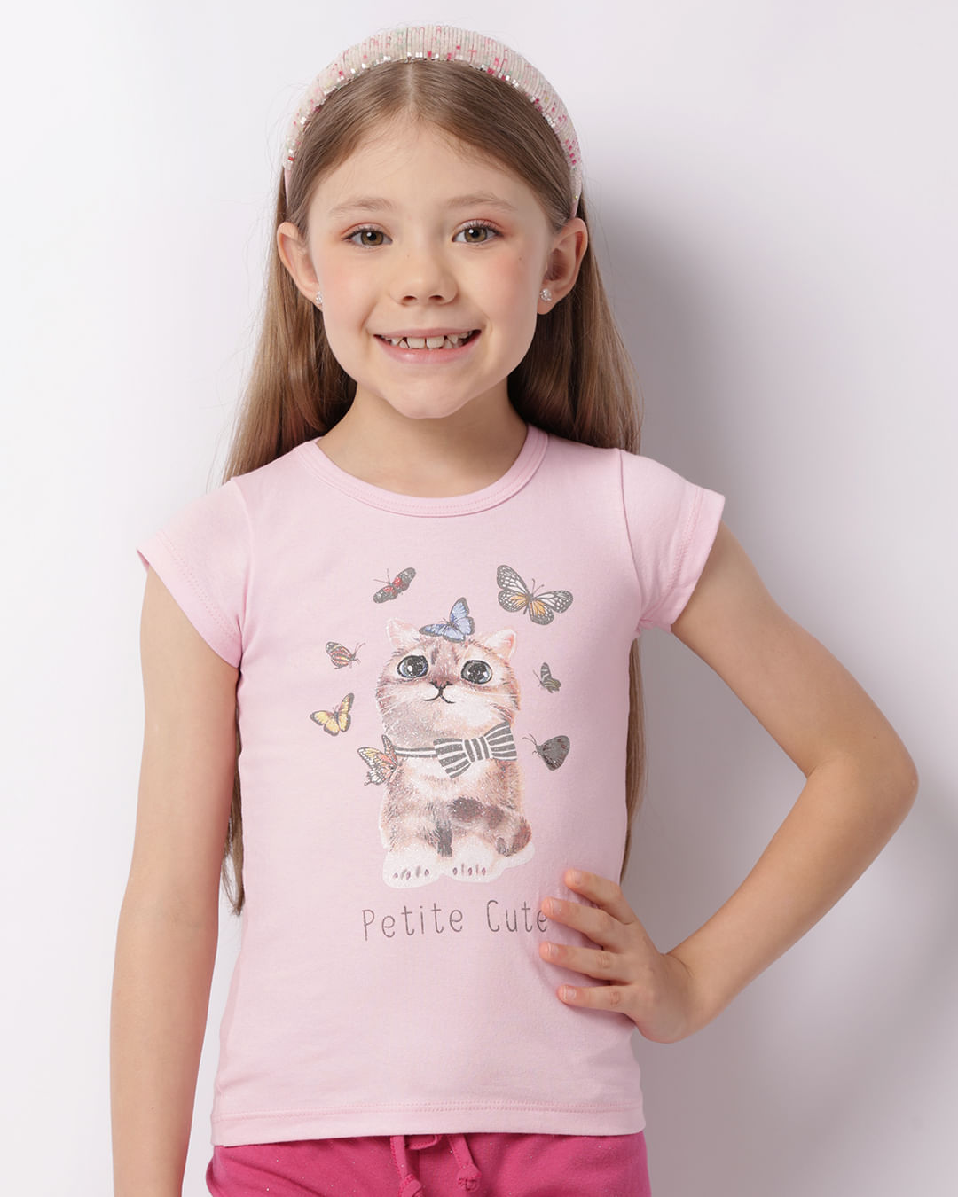 Blusa Infantil Manga Curta Estampa Gatinho Rosa