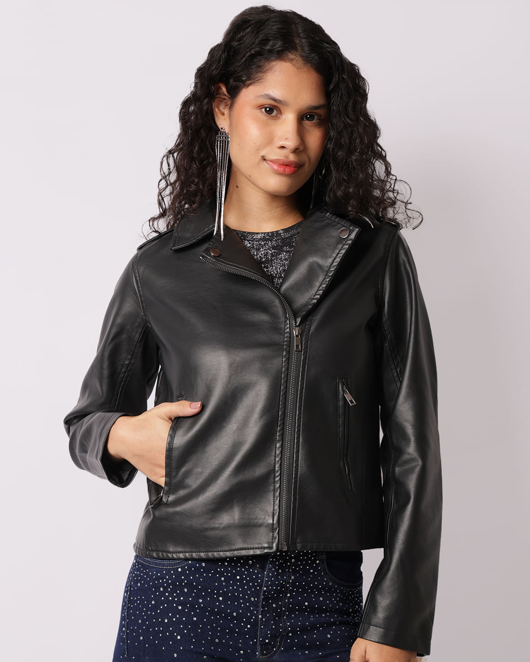 Jaqueta Feminina Biker Manga Longa PU Com Bolsos Preta-1747408500661