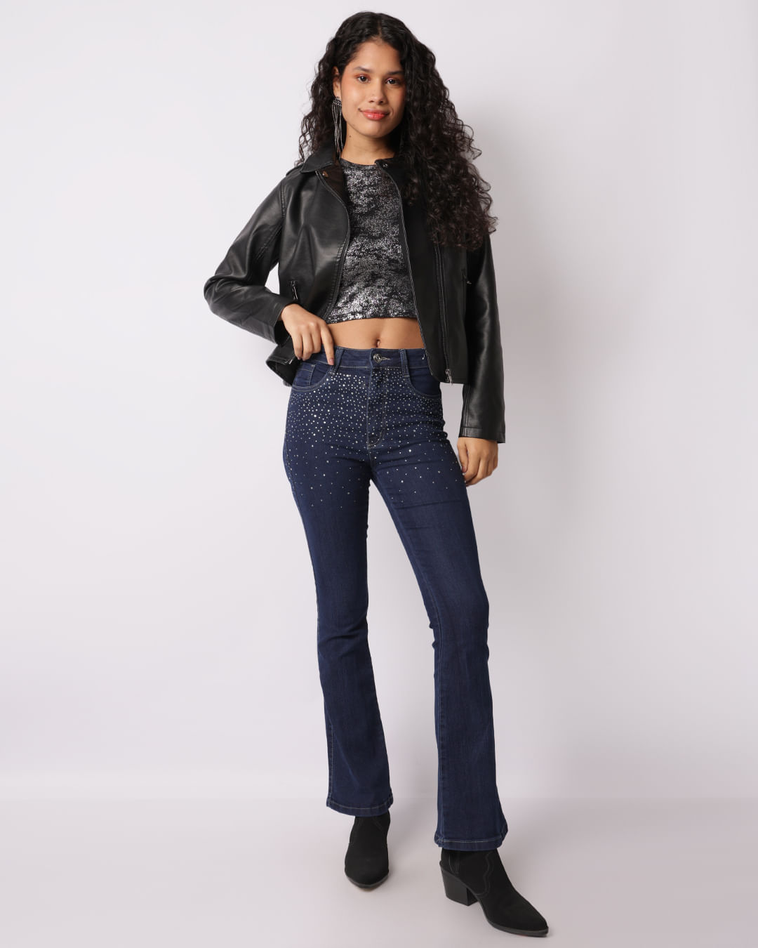 Jaqueta Feminina Biker Manga Longa PU Com Bolsos Preta-1747408529274