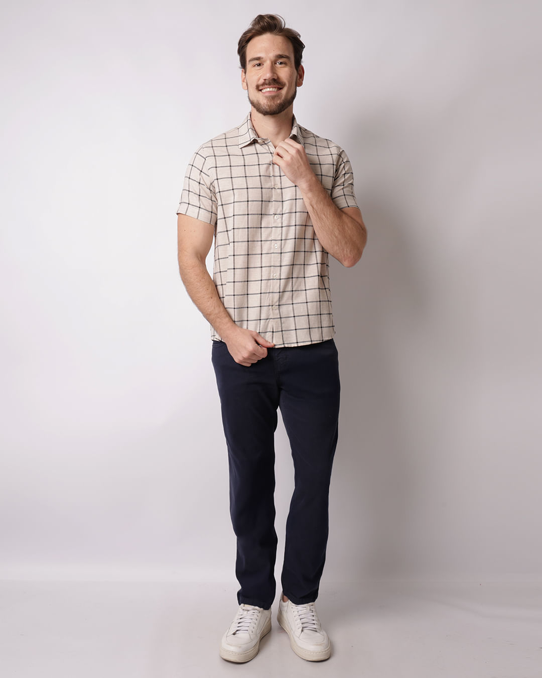 Camisa Masculina Manga Curta Estampa Xadrez Bege-1747659713068